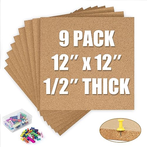 AKTOP Cork Board Bulletin Board 12x12 (9 Pack) with 120 push pin wood clips
