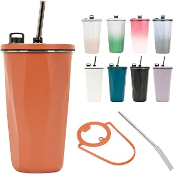 Tumbler with Straw, Water Bottle, Tumbler with Straw, Spill-proof, 20.1 fl oz 600 ml, Stainless Steel with Strap, Wide Mouth, Includes Lid, Hot and Cold Insulated, Double Layer, Storage, Travel