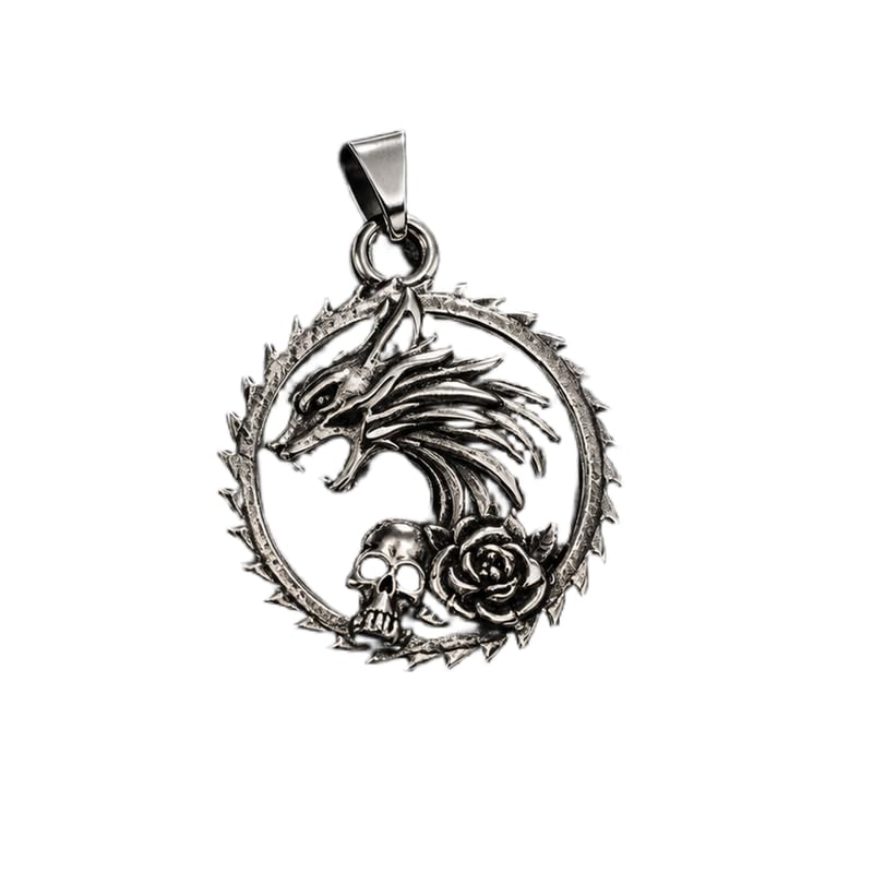 Stainless Steel Dragon Skull Rose Pendant Charm, Gothic Fantasy Dragon Head Pendant, Silver Tone Punk Biker Jewelry, 35x35 mm. RR_CSP_0259-image-2