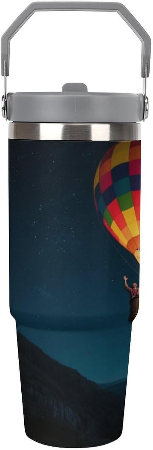 30 Oz Insulated Mug with Handle Lid And Straw Starry Sky Hot Air Balloon Pattern Large Metal Sports Bottle Great for Gifts Parties Office Coffee