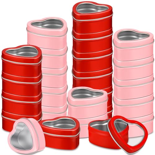 24 Pcs 2oz Heart Shaped Metal Tins with Clear Window Lids Empty Metal Tin Cans Heart Shaped Box Red and Pink Metal Candle Tins Heart Jar Valentine's Day Heart Containers for Candle Making Candies Gift