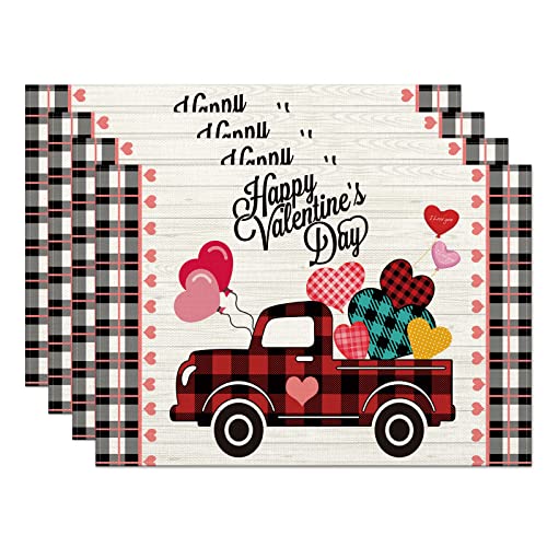 Happy Valentine's Day Placemats Set Of 4,Buffalo Plaid Truck With Love Hearts Balloons Heat-Resistant Place Mats,Anniversary Wedding Table Decors For Farmhouse Kitchen Dining Party 12X18 Inch #TOP13