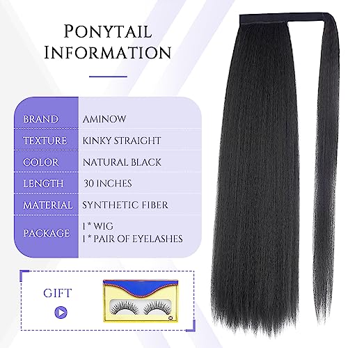 30 Inch Kinky Straight Ponytail Extension, Soft & Natural As Human Hair, Wrap Around Ponytail Extension For Black Women, Long Italian Yaki Synthetic Hair Extension, Natural Black(1B) #TOP2