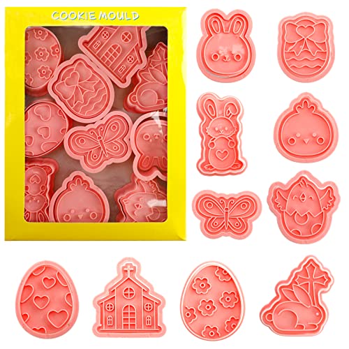 Easter Cookie Cutters Set 10 Pcs Cookie Cutter with Plunger Stamps 3D Easter Embossing Cutters for Biscuit Fondant Cheese Baking Molds for Rabbit, Egg, Butterfly, Church, Chick