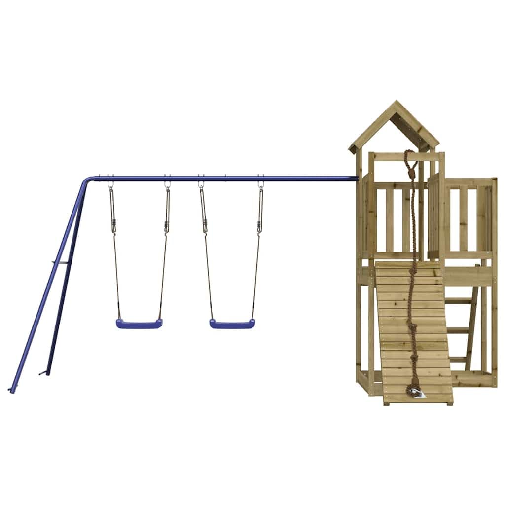 Torre da gioco in legno di pino impregnato con parete da arrampicata, doppia altalena, sabbiera e scala a maglia per giardino, parco giochi all'aperto, movimento e promozione delle capacità