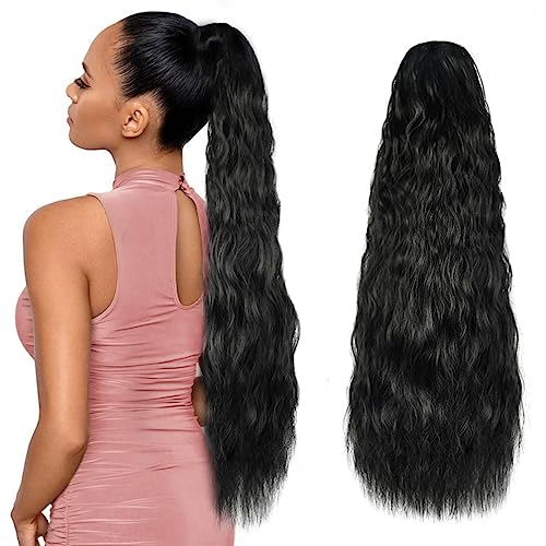 Isweet - Long Hair Ponytail Extension - 26” Natural Black Claw Clip In Pony Tails Hair Extensions - Corn Weave Heat Resistant Synthetic Hair Pieces - Fake Curly Drawstring Ponytail For Black Women #TOP5