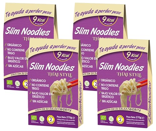 Slim Pasta - Noodles Thai Style - 270g - Pasta Vegana Baja en Calorías - Ideal para Dieta Keto - Elaborada con Agua Purificada,Fibra de Avena y Harina de Konjac - Efecto Saciante (Paquete de 4)