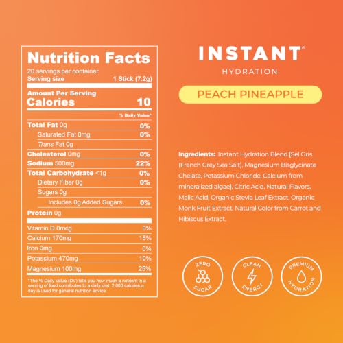 Image of Instant Hydration Sugar Free Electrolytes Powder Packets - Peach Pineapple Electrolyte Drink Mix & Travel Essentials - Post Workout Recovery, Brain Health, Muscle & Tissue Support - 20 Sticks