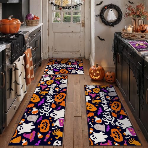 HUGEAR 3-Piece Black Pumpkin Halloween Kitchen Rug Set