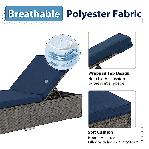 Joivi Outdoor Chaise Lounge Chair, Patio Pool Lounge Chairs For Outside, Rattan Reclining Chaise Lounger With Adjustable Backrest And Removable Navy Blue Cushions, Gray Pe Wicker (Set Of 2) #TOP5