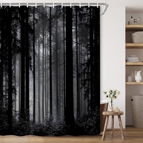 BCNEW Gothic Forest Shower Curtain Misty Foggy Jungle Nature Mysterious Mountain Landscape Scenery Goth Halloween Dark Black and Gray Polyester Fabric Bathroom Decor 7070 Inch with Hook