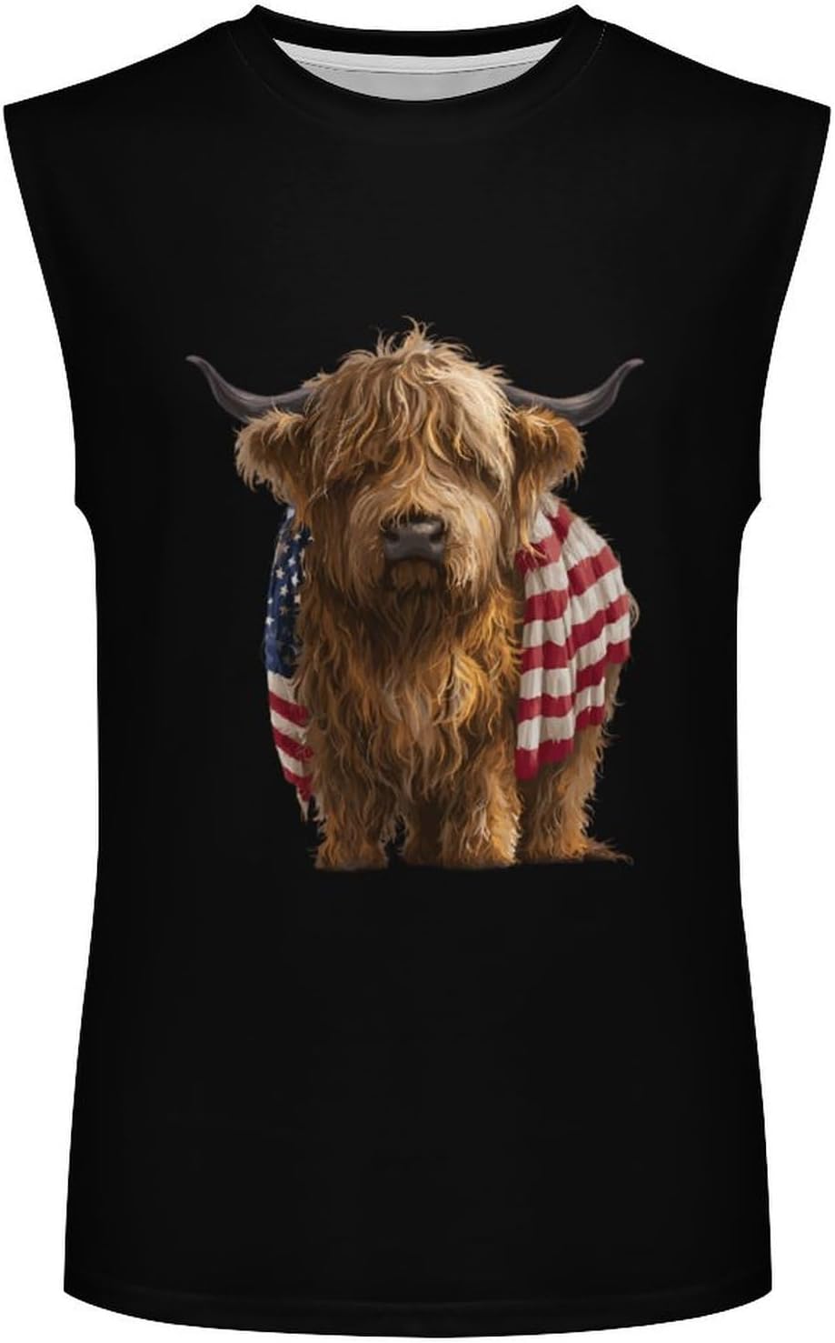 Highland Cow and U.S. Flag Men Summer Sleeveless Crew Neck Top 5XL