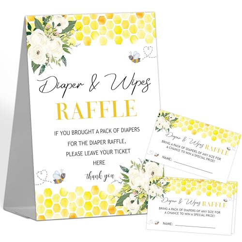 Baby Shower Diapers Wipes Raffle, 1 Standing Sign with 50 Diaper Raffle Tickets, Honey Bee Diaper Raffle Tickets for Baby Shower, Gender Reveal Party Favor Decorations Supplies(MQ-8-10)