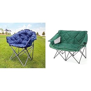 MacSports C932S-130, Blue Padded Cushion Outdoor Folding Lounge Patio Club Chair & Arrowhead Outdoor Portable Folding Double Duo Camping Chair Loveseat