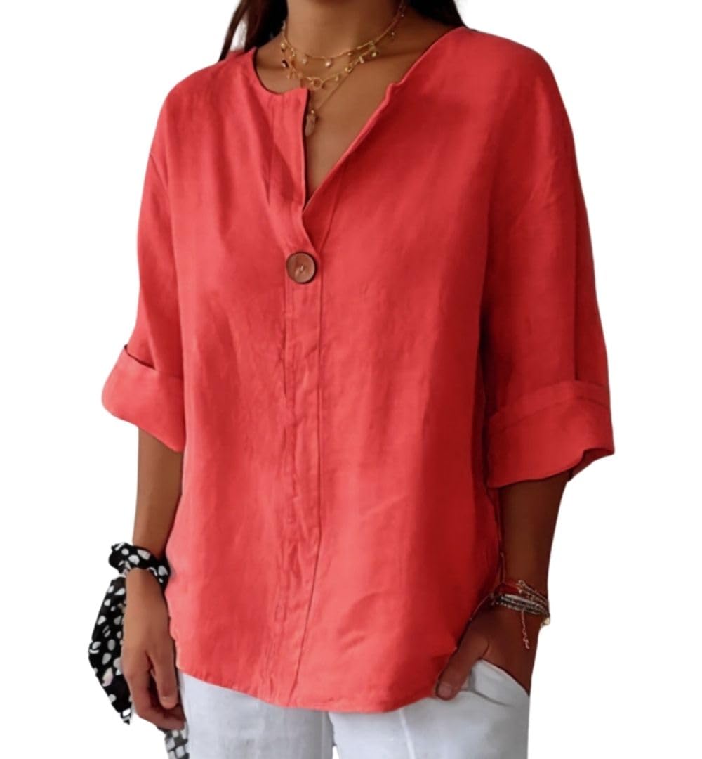 DMOYALA Linen Shirts for Women Summer Cotton Linen V Neck 3/4 Sleeve Tops Loose Vacation Beach Solid Blouses Tunic Tops