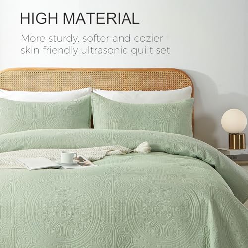 WURUIBO Conjunto de colcha casal/queen verde sálvia, colcha em relevo ultrassônico, colcha de microf