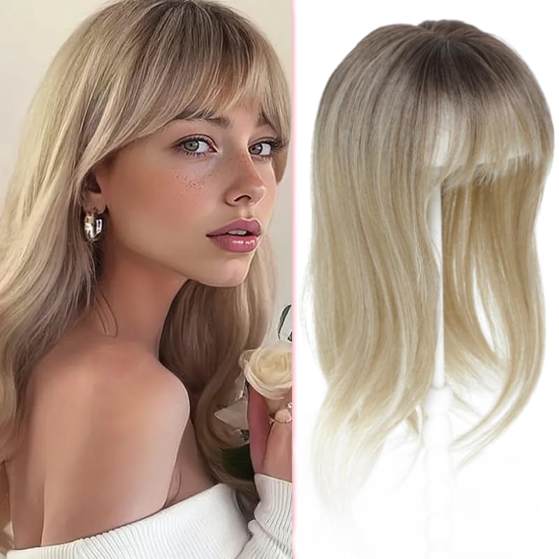Hair Topper 18 inch Hair Topper with Bangs 4"×5" Base Hairpieces for Women with Thinning hair Ombre Blonde with light tail