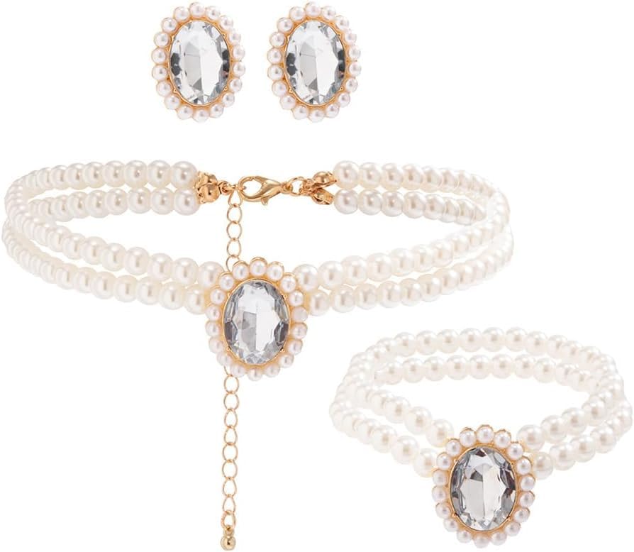 TOFBS Parure De Bijoux 3 Pièces Perles Émeraude - Collier, Bracelet Et Boucles D'Oreilles Pour Mariage Et Soirées