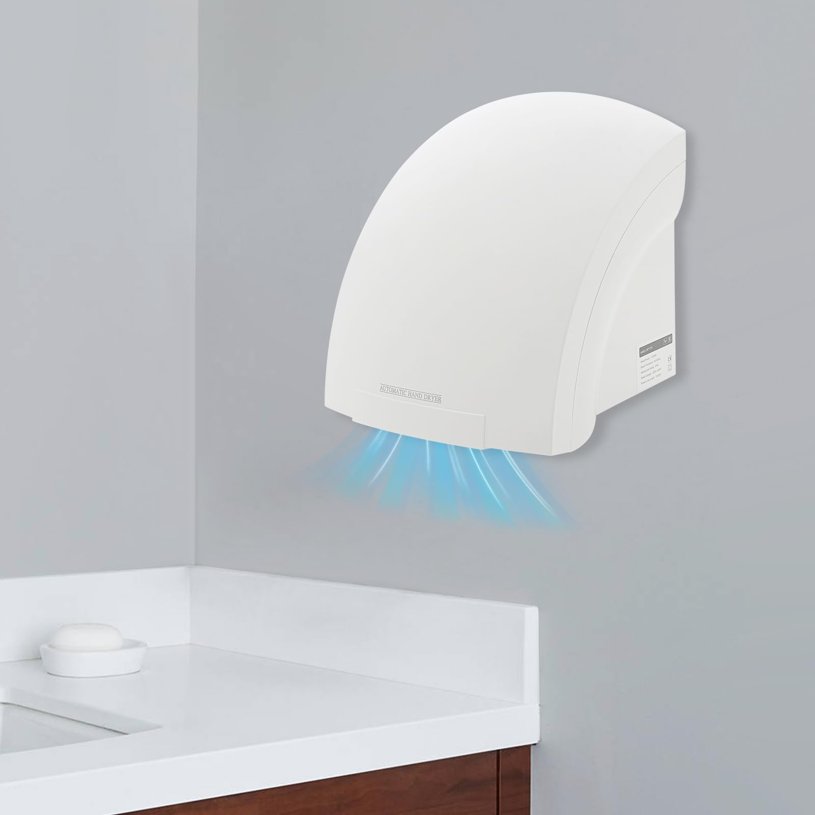 Treeisland Sèche-mains automatique, 1200 W, montage mural, électrique, capteur infrarouge, pour salle de bain, toilettes, blanc