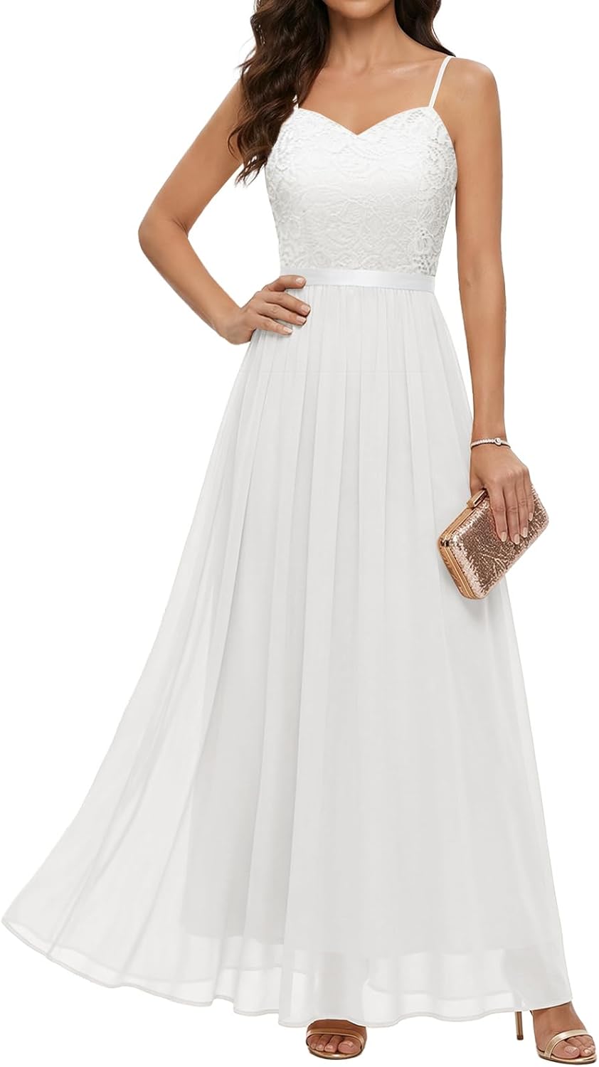 DRESSTELLS Women' s Formal Wedding Guest Dress 2026, Lace & Chiffon & Fully Lined, Spaghetti Straps Prom Dresses