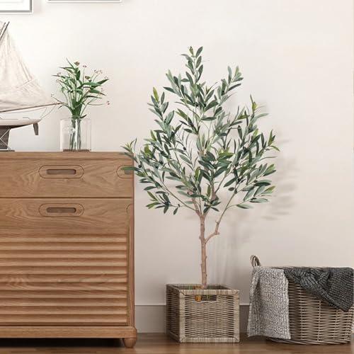 Olive Tree Artificial Plant 4FT. Artificial Olive Tree Mediterranean Silk Screened Broad-leaved Olive Tree with Realistic Fruit, Lifelike Plant Nordic Style Home Aesthetic Hotel Decor