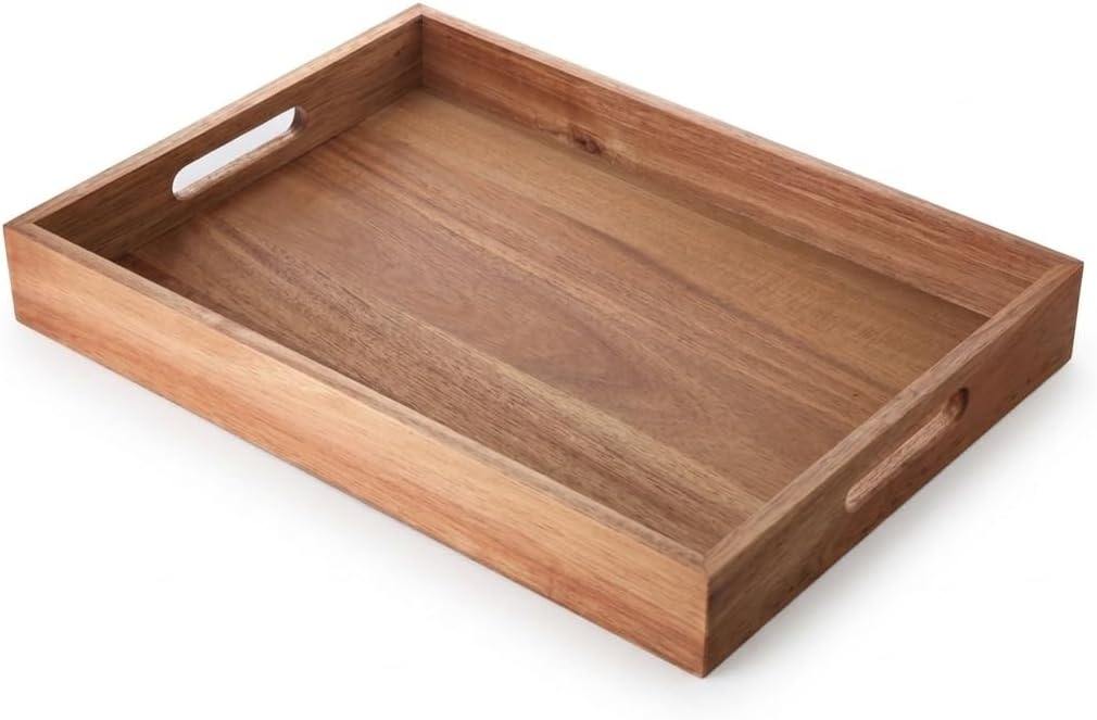 Deconox Büyük Boy Akasya Ahşap Sunum Tepsisi (40x30 cm) - Doğal Ahşap Çay, Kahve ve Kahvaltı Tepsisi, Kulplu Tasarım