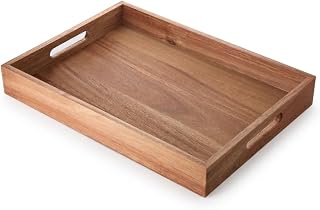 Deconox Büyük Boy Akasya Ahşap Sunum Tepsisi (40x30 cm) - Doğal Ahşap Çay, Kahve ve Kahvaltı Tepsisi, Kulplu Tasarım