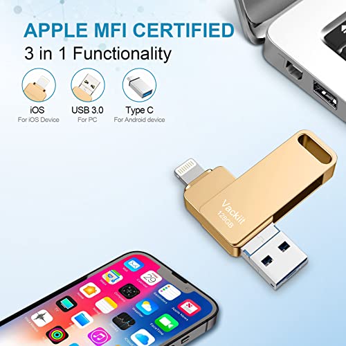 Image of MFi Certified Photo Stick, 3 in 1 iPhone Flash Drive, Photo Stick for iPhone 256GB, Memory Stick for iPhone Photo Storage Thumb Drive External Storage Compatible for iPhone /PC /iPad /More Devices Gold