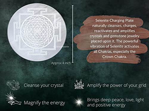 Image of Crystal Heaven Certified Selenite Charging Plate, 4 Inch Engraved Sri Yantra Cube Selenite Plate For Crystal Cleansing Re-Energy Work, Meditation And Pooja
