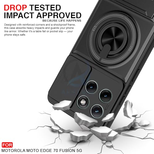 Image of AESTMO Moto Edge 70 Fusion 5G Back Cover | Armor Camera Slider 360 Degree Rotating Finger Ring Holder Case with Bracket Stand Back Case Cover (Compatible with MagSafe Accessories) (Black)