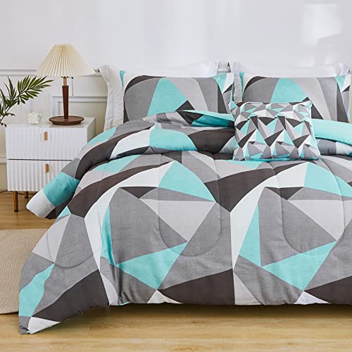 Teal Comforter Set Geometric Bedding Set Queen Size Teal And Gray Triangles Printed Pattern 4 Pcs Modern Diamond Bedding Set With 1 Cushion Cover(Queen, Geometric) #TOP27