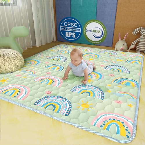Image of Genew Baby Play Mat for Floor, 71'' x 59'' Extra Large Playpen Mats Certified, Machine Washable, Anti-Slip, Thicker & Soft Cushioning Foam Crawling Floor Mat for Kids, Toddlers, Infants, Green Rainbow