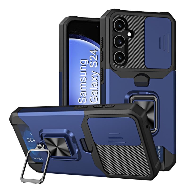 Image of LuxuryKase Shockproof Armor Case for Samsung Galaxy S24 | Slide Camera Cover | Hidden Card Slot | Rotating Ring Kickstand | Magnetic Car Mount Support | Military Grade Protection - Blue