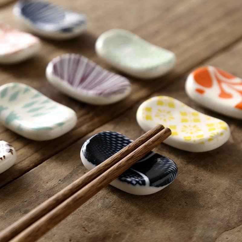 KASTWAVE Chopstick Rests Ceramic Rack Set, Rectangle Hand Painted Japanese Style Chopsticks Holder Dinner Spoon Tableware Rest Set, Festive Porcelain Stand for Dinner Table Decor (10pcs)