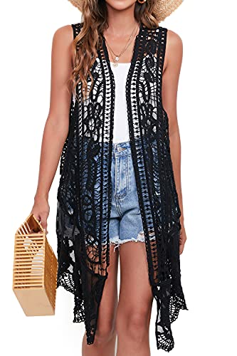 Lace Front Open Sleeveless Top Cardigan Crochet Vest Bikini Cover up Summer Beachwear