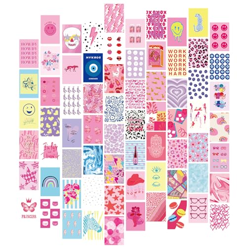 Qpout 70pcs Decoración de Habitación Preppy Kit de Pared Estético, impresiones de collage de fotos preppy imágenes arte de pared carteles preppy de color rosa intenso para niñas (4x6 pulgadas)