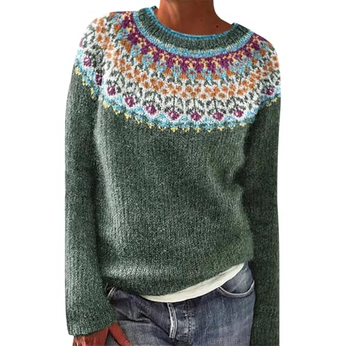 Suéter retro de manga larga con cuello redondo para mujer, con estampado de Fair Isle, ajuste holgado, cómodo, vintage, talla grande, suéter de punto de Navidad, ropa de moda para otoño 2025, verde