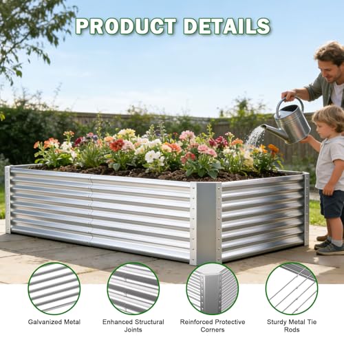 Image of 8x4x2ft Raised Garden Bed, Deep Root Planter Box, Silver,1 Pack | 1mm Thick Galvanized Steel, Resists Rust Bowing, Easy Assembly, Ideal Deep-Root Growing Condition for Broccoli,Beans,Tomatoes