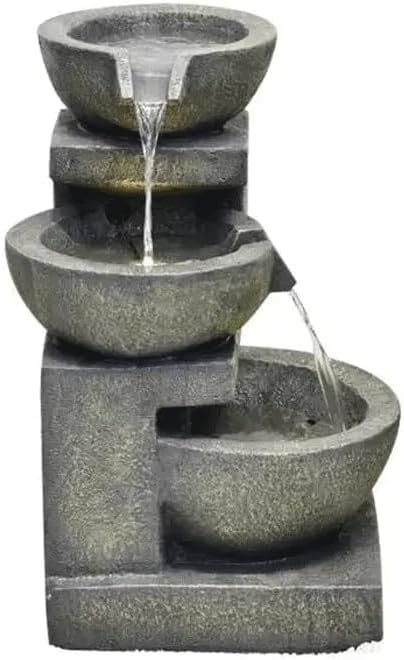 FMURY Outdoor Fountain with Stacked Stone Look Bowls, Cascading Waterfall Home Art Decor