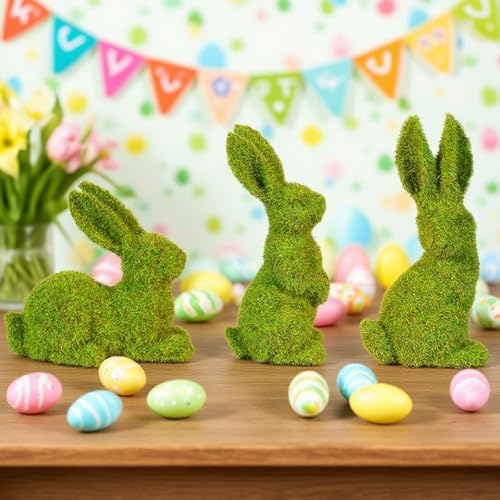 MicoSim Easter Bunny Decorations,Resin Moss Bunny Figurine Features Larger Ears,Garden Artificial Moss Rabbit Easter Décor Easter Party Favors Gifts