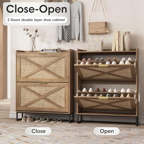 Image of The Artment your artistic apartment Raya Shoe Cabinet Modern Rattan & Wood Storage Organizer | Dual Flip-Drawers, Metal Base, Slim Entryway Shoe Rack for Hallway, Bedroom | 8-14 Pairs