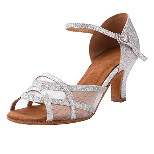 Akanu Women s Latin Dance Shoes Female s Ballroom Salsa Dance Shoes(B-Style Silver Size 9.5)