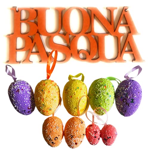 Uova Pasqua 2022 - Kit arbre de Pâques - 9 œufs de Pâques décoratifs + inscription « Bonne Pâques » en bois coloré Cover