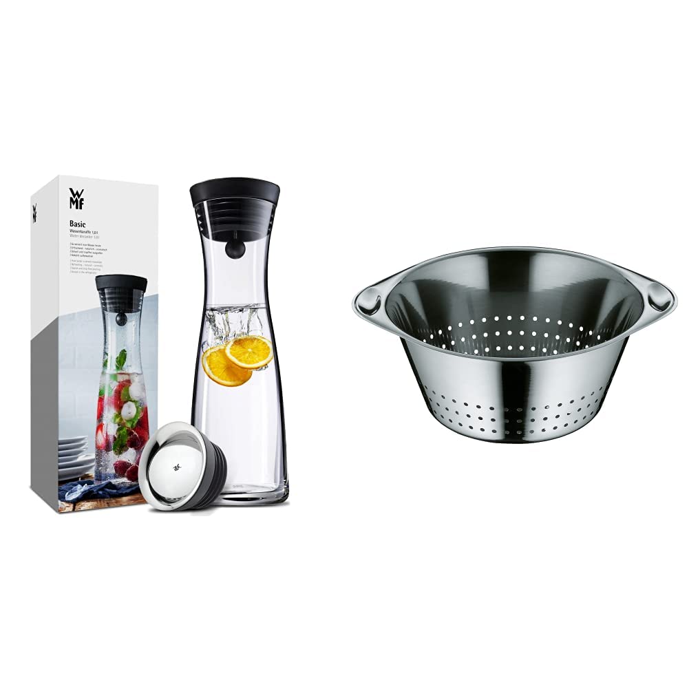 WMF Basic - Botella de agua de cristal, sistema Close Up, Sin accesorios, Negro, 1,0 litros & Gourmet Colador, acero inoxidable pulido
