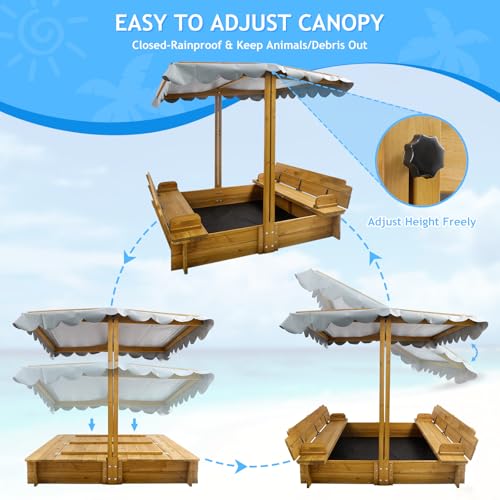 Kids Sandbox with Lid, Wooden Sand Box with Cover Outdoor, UV-Protection & Natural Wood, Foldable Bench Seat, Adjustable Canopy, Sand Box for Kids Ages 2-8（47x47in） - Thumbnail 3