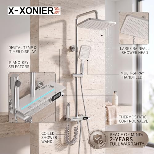 Image of X-XONIER Thermostatic Shower Panel 4 in 1 with Temperature Display 3 Ways Hand Shower Led Light Digital LED Display Hot & Cold Mixer Overhead & Ambient Lighting Jet Spray White