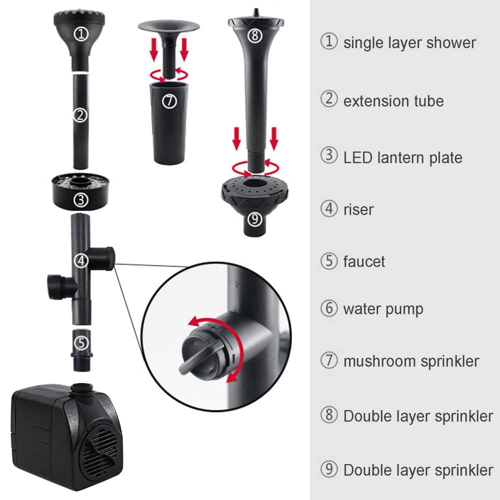 Fontana Da Giardino Esterno Cascata, Pompa Per Laghetto Da Giardino 2000l/h 25W, Mini Pompa Acqua Immersione Elettrica, Sommersa Pompa Acquario Regolabile Led, Abbeveratoio Per Uccelli (con luce)