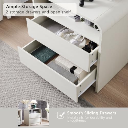Image of Aitjunz 25 inch Tall Modern Nightstand with Charging Station, 23.6'' Wide Wood Bedside Table w /2 Storage Drawers, Large Mid Century End Table for Bedroom, Living Room, Curved Profile Design, White