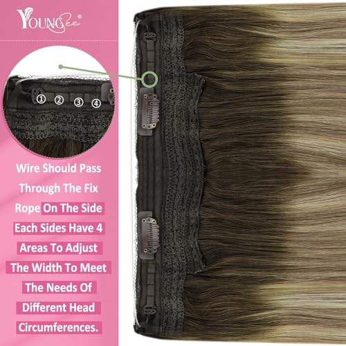 Image of YoungSee 135G Invisible Wire Hair Extensions for Women Brown Blonde Human Hair Wire Extensions Balayage One Piece Hair Extensions Real Human Hair Walnut Brown with Blonde Soft Hair 20 Inch