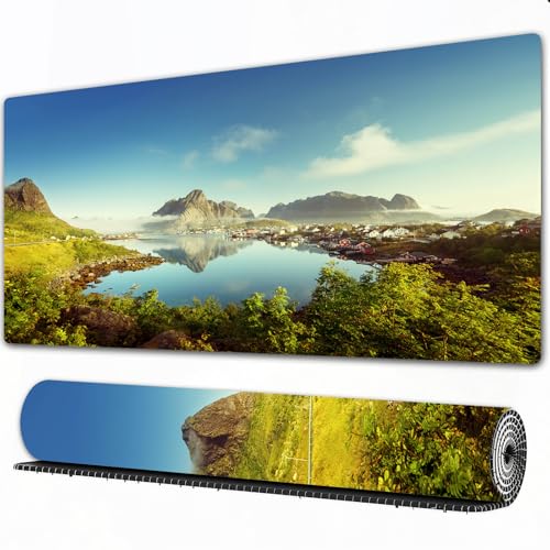 Preisvergleich Produktbild FEHWI Mauspad 80×30 cm Verlängertes großes Mauspad Schreibtischauflage,Bauernhof, Reine Creek in Norwegen an einem sonnigen, ruhigen Herbsttag,genähte Kanten Gaming Mauspad,rutschfeste Gummibasis
